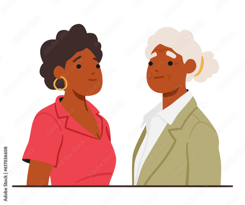 Young And Old Woman Characters Proudly Stand Side By Side, Symbolizing The Bond Between Different Generations Young And Old Woman Characters Proudly Stand Side By Side, Symbolizing The Bond Between Different Generations