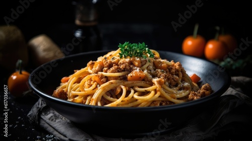 Plate full of spaghetti and meat sauce on the table