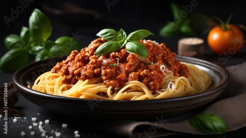 Plate full of spaghetti and meat sauce on the table