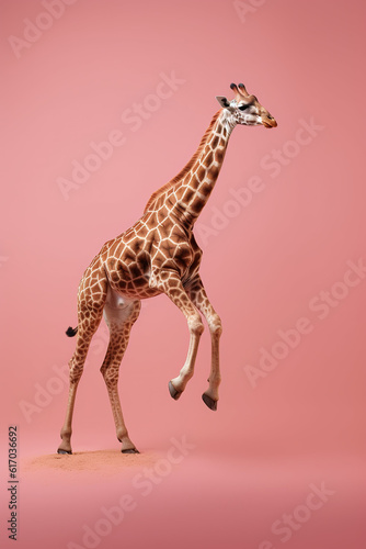 Graceful Leap: Giraffe Jumping Against a Pink Background. AI generated.