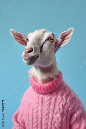 Charming Goat: Portrait of a Goat in a Pink Sweater on a Blue Background