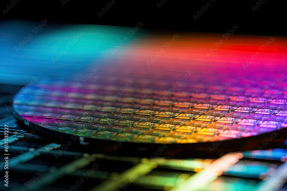 Closeup shot of silicon microchip wafers, US CHINA microchip semiconductor war, Generative AI	
 - obrazy, fototapety, plakaty 