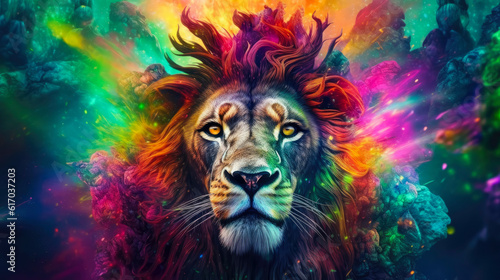 Close-up portrait of a fantasy lion with colorful vibes. Wildlife animals.