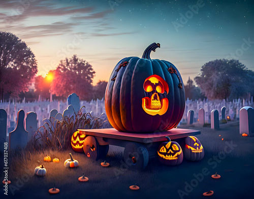 Pumpkins in a graveyard on a spooky night. Halloween night. Generative AI 