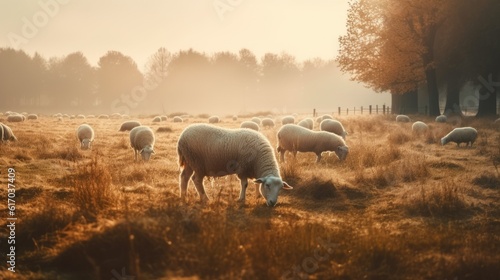 Sheep eating and walking on dike in sunset