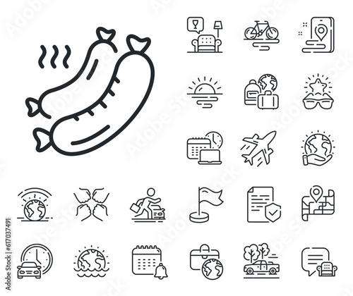 Barbecue meat food sign. Plane jet, travel map and baggage claim outline icons. Grilled sausage line icon. Hot grill wiener symbol. Grilled sausage line sign. Car rental, taxi transport icon. Vector