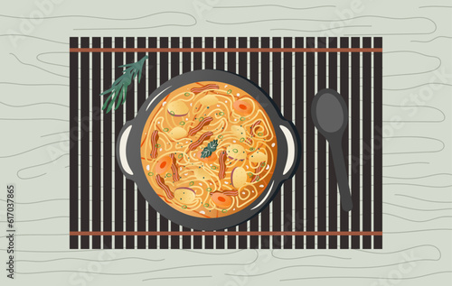 delicious soup on the plate served on the table. Vector illustration