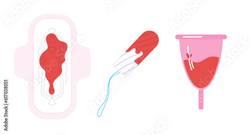 Set of personal hygiene item for menstruation. Used female tampon. Menstrual cup with blood inside. Used female pad with blood. Feminine hygiene. Blood-stained tampon. Vector illustration.