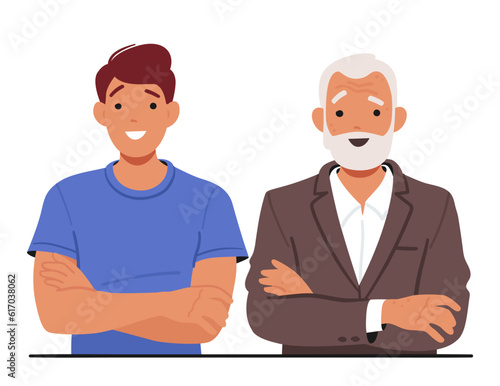 Symbol Of Generational Unity, A Young And Old Man Characters Stand Side By Side, Arms Crossed, Embodying Wisdom