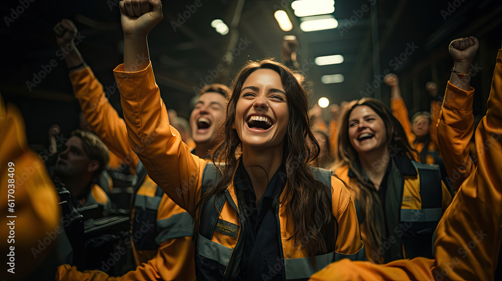 Professional warehouse worker team celebrating success in warehouse factory Professional warehouse worker team celebrating success in warehouse factory
