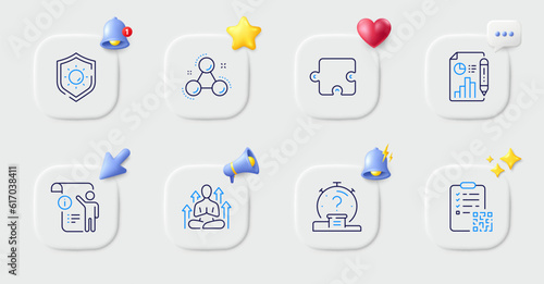 Yoga, Quiz and Manual doc line icons. Buttons with 3d bell, chat speech, cursor. Pack of Report document, Chemistry molecule, Qr code icon. Sun protection, Puzzle pictogram. Vector