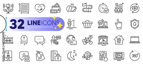 Outline set of Online chemistry, Square area and Bicycle parking line icons for web with Pet tags, Photo thumbnail, Video conference thin icon. Business statistics, Music making. Vector