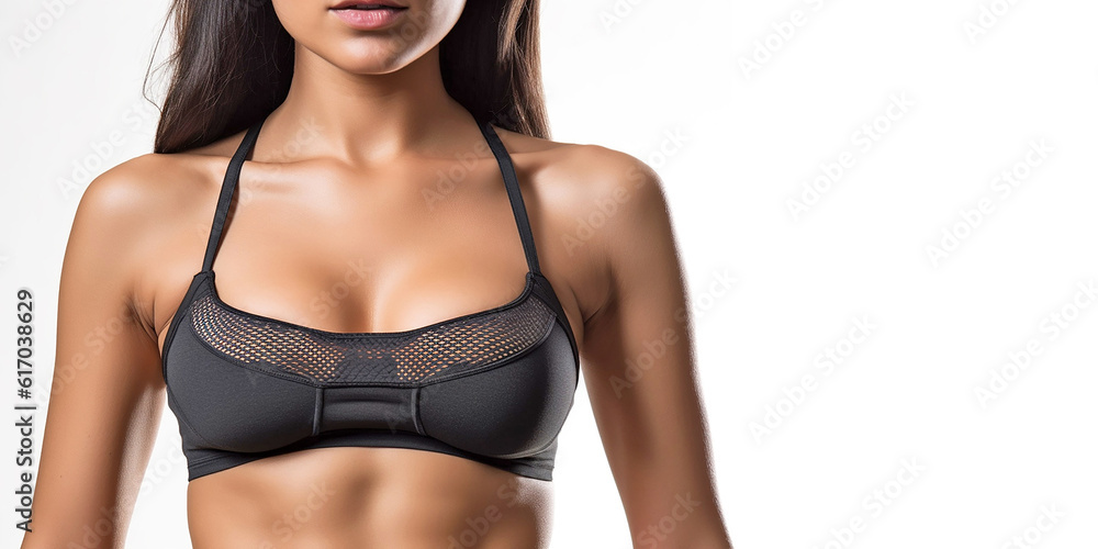 Naklejka premium Chest and upper body of a beautiful athletic young woman, close-up. Generative AI