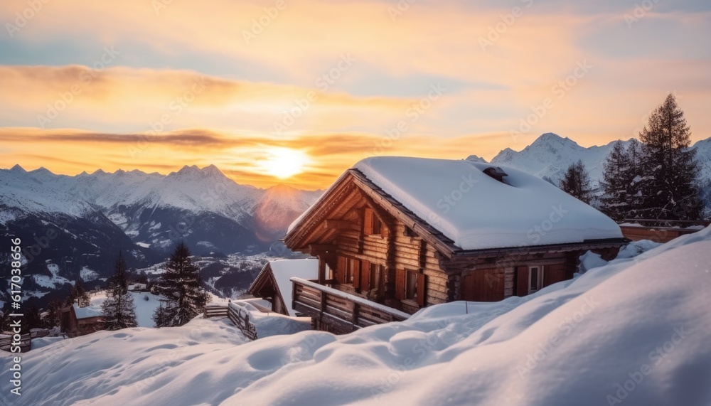 Wooden chalet in winter setting during sunset.