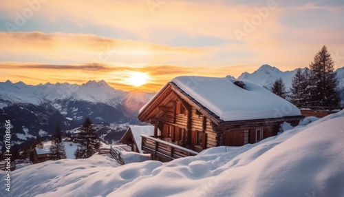 Wooden chalet in winter setting during sunset.