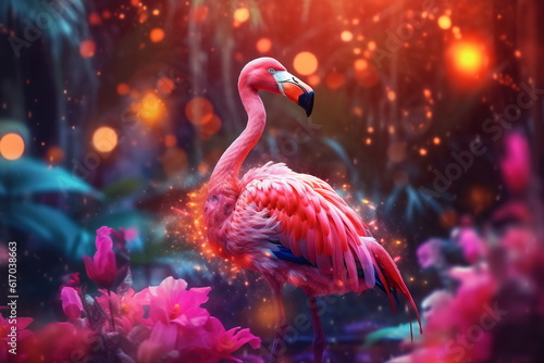 Portrait of a flamingo on a colorful background. Emotive portrait