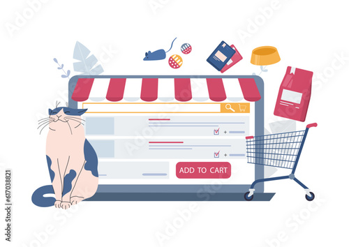The concept of an online store of goods for animals. Cat, computer and various pet food and toys. Vector illustration.
