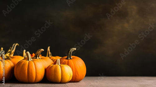 Pumpkin harvest background, minimalistic on dark background, generative ai, mockup, copy space