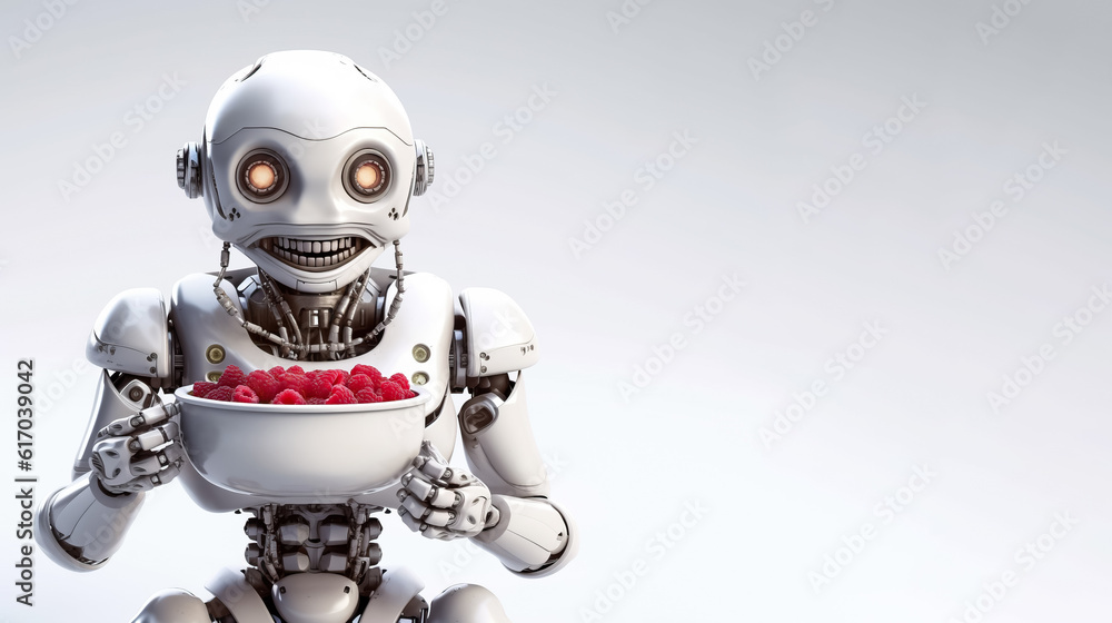 Robot eating raspberries on solid white background, generative AI