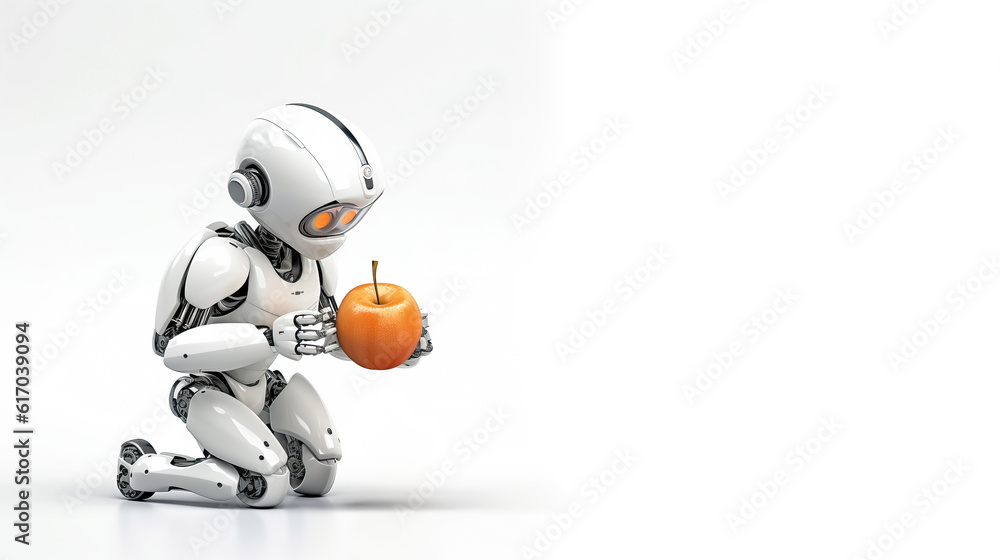 Fototapeta premium Robot eating apples on solid white background, generative AI