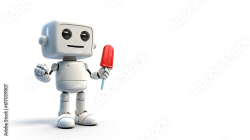 Robot eating ice cream on solid white background, generative AI