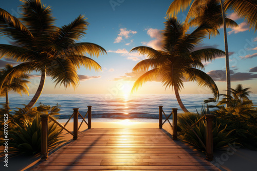 Beach at sunset on a tropical island is a breathtaking and idyllic scene