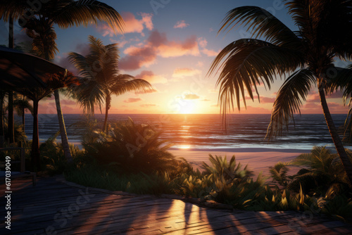Beach at sunset on a tropical island is a breathtaking and idyllic scene