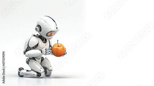 Robot eating apples on solid white background  generative AI