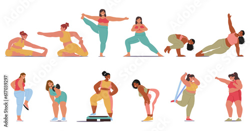 Plus-size Girl Practices Yoga With Confidence And Strength, Embracing Her Body And Its Capabilities, Vector Illustration