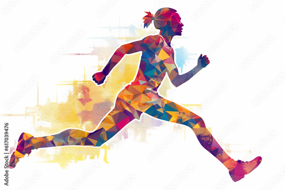 Jogging woman. Illustration with a running woman. Training to the marathon. Flat style. Logo