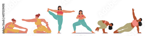 Plus Size Women Characters Gracefully Practicing Yoga, Chubby Girls Breaking Stereotypes, And Promoting Body Positivity
