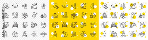 Outline Weariness, Alcohol free and Vaccine protection line icons pack for web with Coronavirus pills, Fever, People vaccination line icon. Thermometer, Coronavirus lungs. Vector