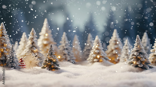Snow covered seasonal winter forest diorama. Christmas decoration elements