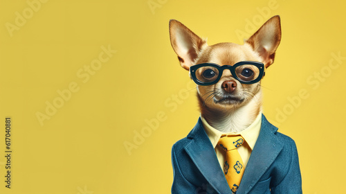 Cool looking Chihuahua dog wearing suit, tie and glasses as businessman isolated on light yellow background with copy space area that can place a text. Digital illustration generative AI. © Tepsarit