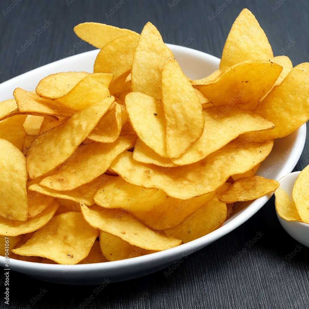 Crispy potato chips in a white plate on an old kitchen table Generative AI Crispy potato chips in a white plate on an old kitchen table Generative AI