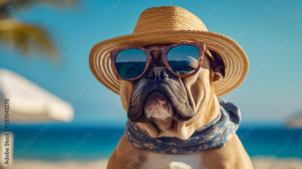 Cute adorable bulldog wearing sunglasses and straw hat with scarf at sunny beach and seaside in summer. Digital illustration generative AI.