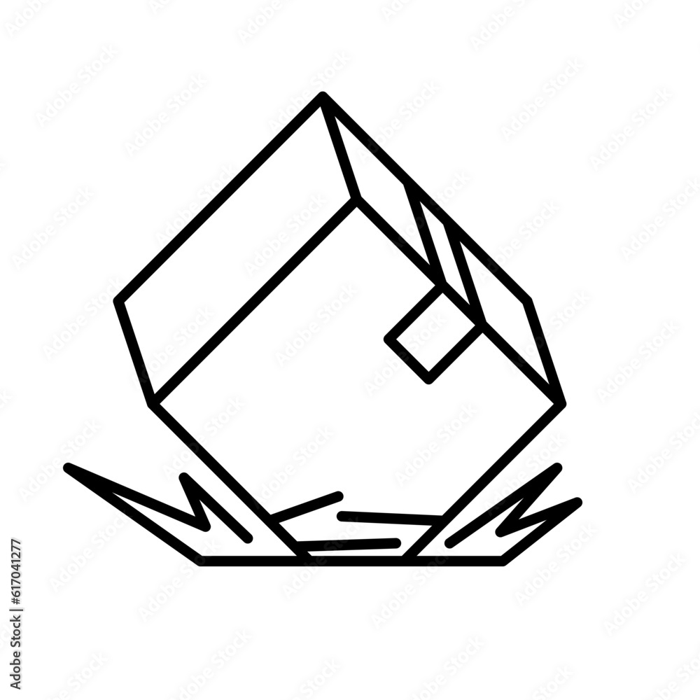 Linear damaged package box icon. Broken cardboard box. Box falls to the floor. Delivery concept. Problem with transportation, storage of goods. Line torn cargo box. Сrushed parcel. Shipping crate