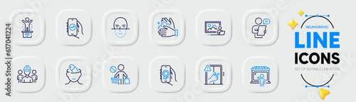Award app, Dont touch and Photo studio line icons for web app. Pack of Market seller, Financial app, Depression treatment pictogram icons. Wash hands, Engineering team, Customer survey signs. Vector