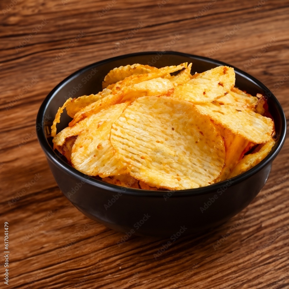 Crispy potato chips in a wicker bowl on old kitchen table Generative AI Crispy potato chips in a wicker bowl on old kitchen table Generative AI