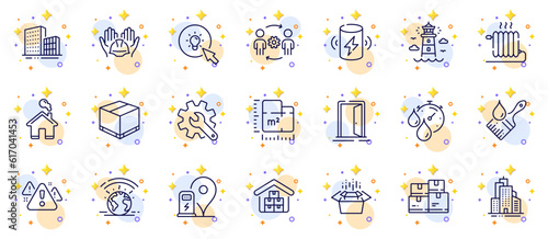 Outline set of Buildings, Energy and Wholesale inventory line icons for web app. Include Lighthouse, Greenhouse, Delivery box pictogram icons. Customisation, Radiator, Warning signs. Vector
