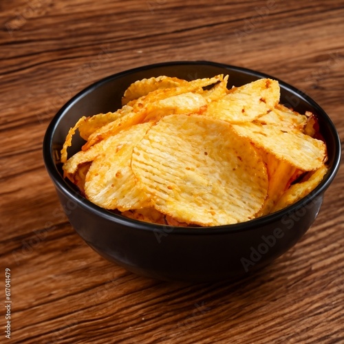 Crispy potato chips in a wicker bowl on old kitchen table Generative AI