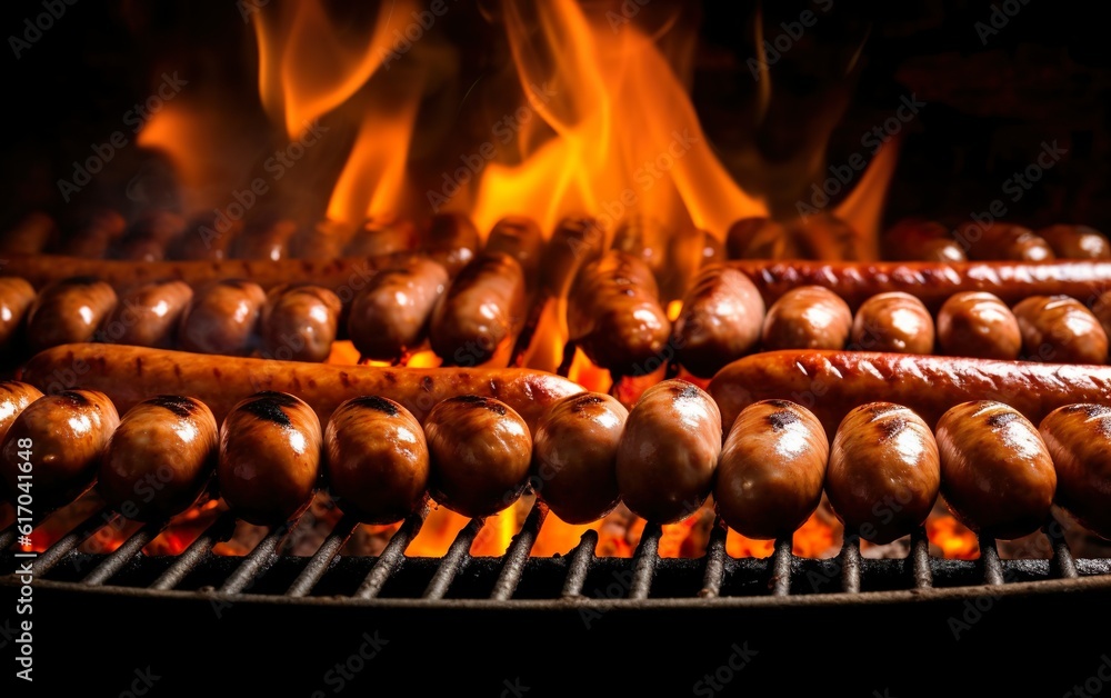 Sausages fried on the grill on the fire. AI, Generative AI Sausages fried on the grill on the fire. AI, Generative AI
