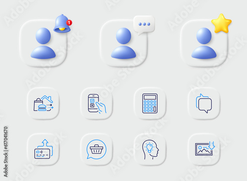 Messenger, Calculator and Idea head line icons. Placeholder with 3d star, reminder bell, chat. Pack of Food delivery, Mobile survey, Card icon. Download photo, Shopping cart pictogram. Vector