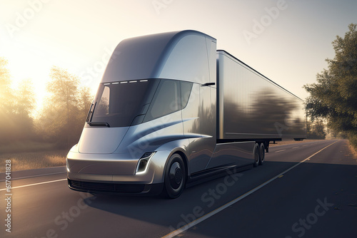 Futuristic electric semi truck, ESG 2050 net zero carbon neutrality goals, Sustainable green renewable energy ecology concept