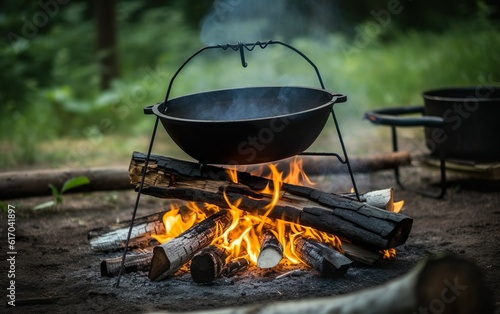 Cooking on the campfire. AI, Generative AI