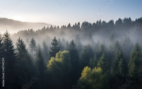 Fog morning in the mountain coniferous forest. AI, Generative AI