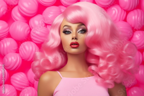 Emotion pink wig woman. Wide open mouth. Pink lips makeup Generative AI