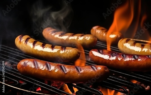 Sausages on grill with fire. AI, Generative AI