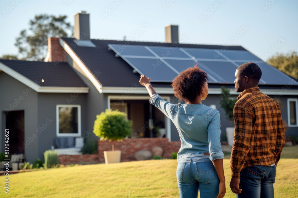 Young African-American couple excited after buying their new sustainable home with solar panels Young African-American couple excited after buying their new sustainable home with solar panels