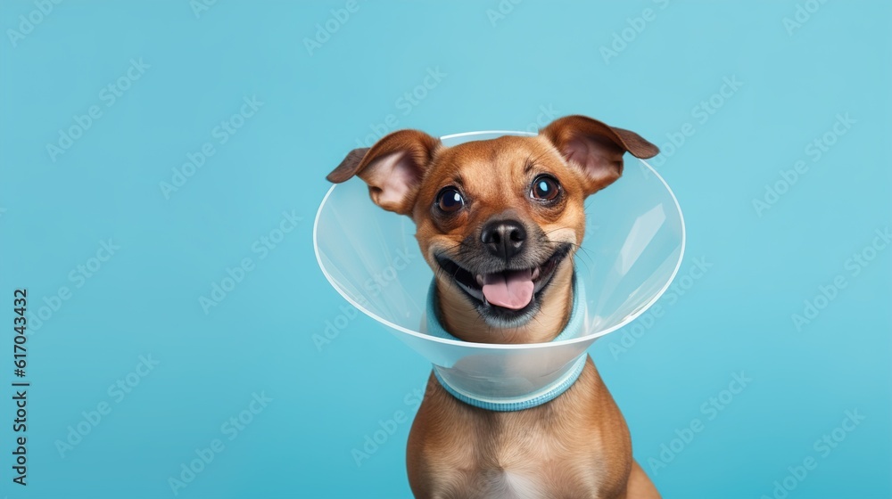 dog wearing a cone after surgery, Treatment
on blue background. Copy space. AI generation dog wearing a cone after surgery, Treatment
on blue background. Copy space. AI generation
